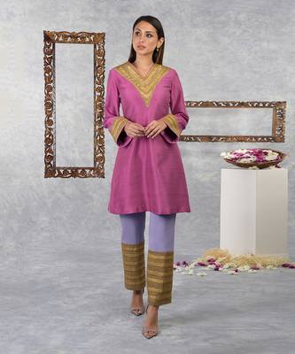 Ibis Rose- Purple Rose Raw Silk Gota Kurta Set With Dupatta 2