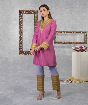 Ibis Rose- Purple Rose Raw Silk Gota Kurta Set With Dupatta 3