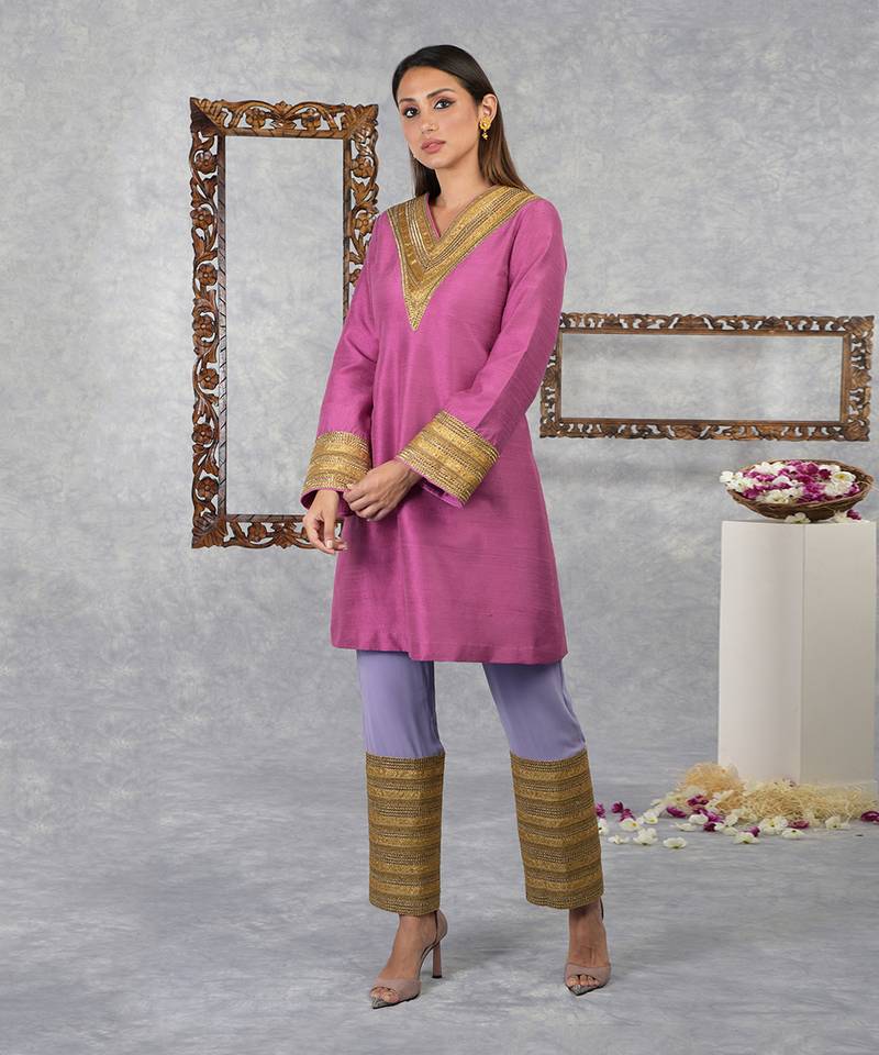 Ibis Rose- Purple Rose Raw Silk Gota Kurta Set With Dupatta