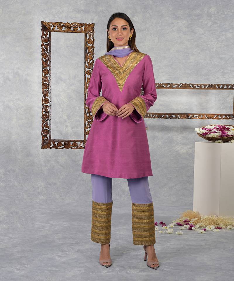 Ibis Rose- Purple Rose Raw Silk Gota Kurta Set With Dupatta