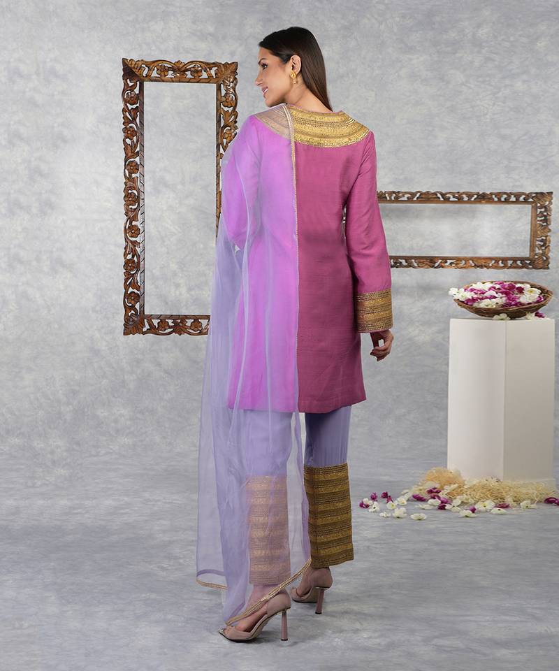 Ibis Rose- Purple Rose Raw Silk Gota Kurta Set With Dupatta
