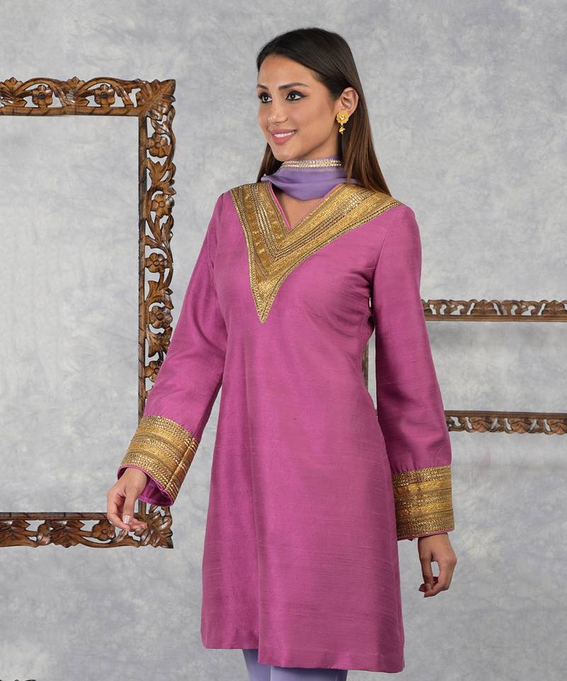 Ibis Rose- Purple Rose Raw Silk Gota Kurta Set With Dupatta