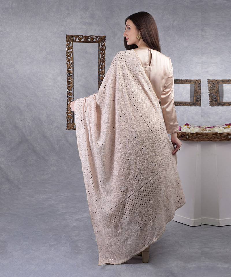 Oyster Pink Chikankari Kamdani Dupatta With Suit