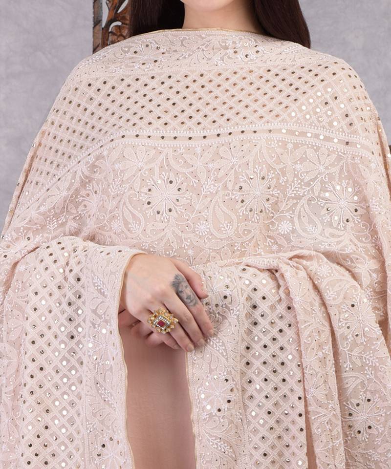 Oyster Pink Chikankari Kamdani Dupatta With Suit