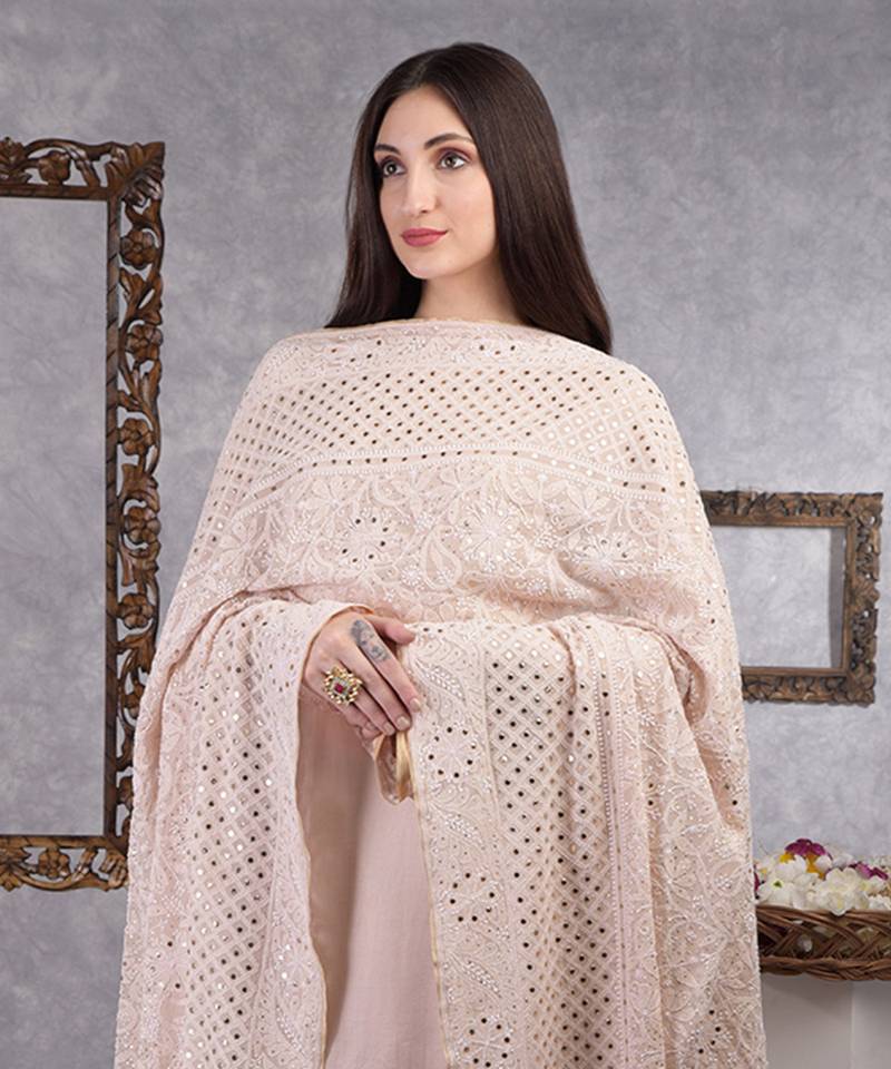 Oyster Pink Chikankari Kamdani Dupatta With Suit