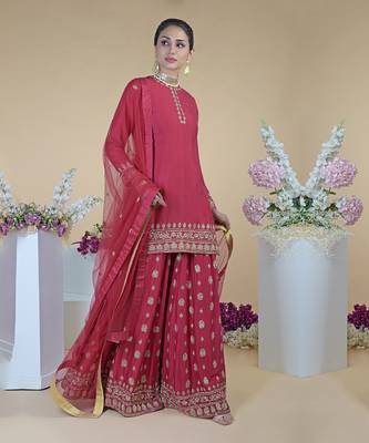 Crimson-Gold Zardozi Dabka Hand Embroidered Sharara Set 1