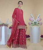 Crimson-Gold Zardozi Dabka Hand Embroidered Sharara Set