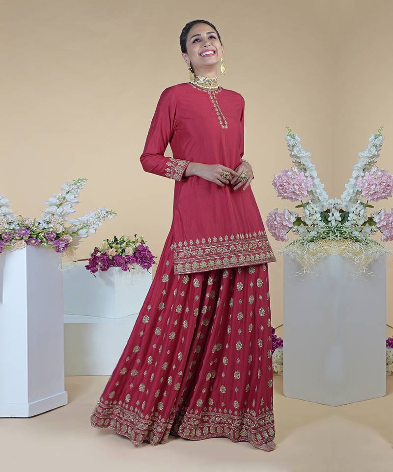 Crimson-Gold Zardozi Dabka Hand Embroidered Sharara Set