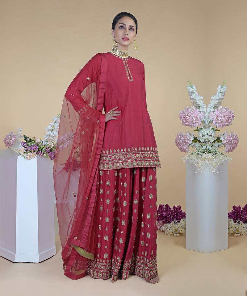 Crimson-Gold Zardozi Dabka Hand Embroidered Sharara Set