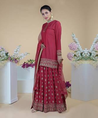Crimson-Gold Zardozi Dabka Hand Embroidered Sharara Set 4