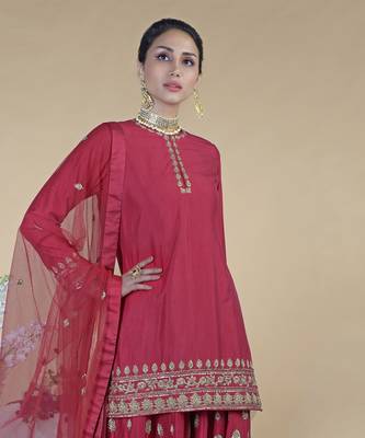 Crimson-Gold Zardozi Dabka Hand Embroidered Sharara Set 5