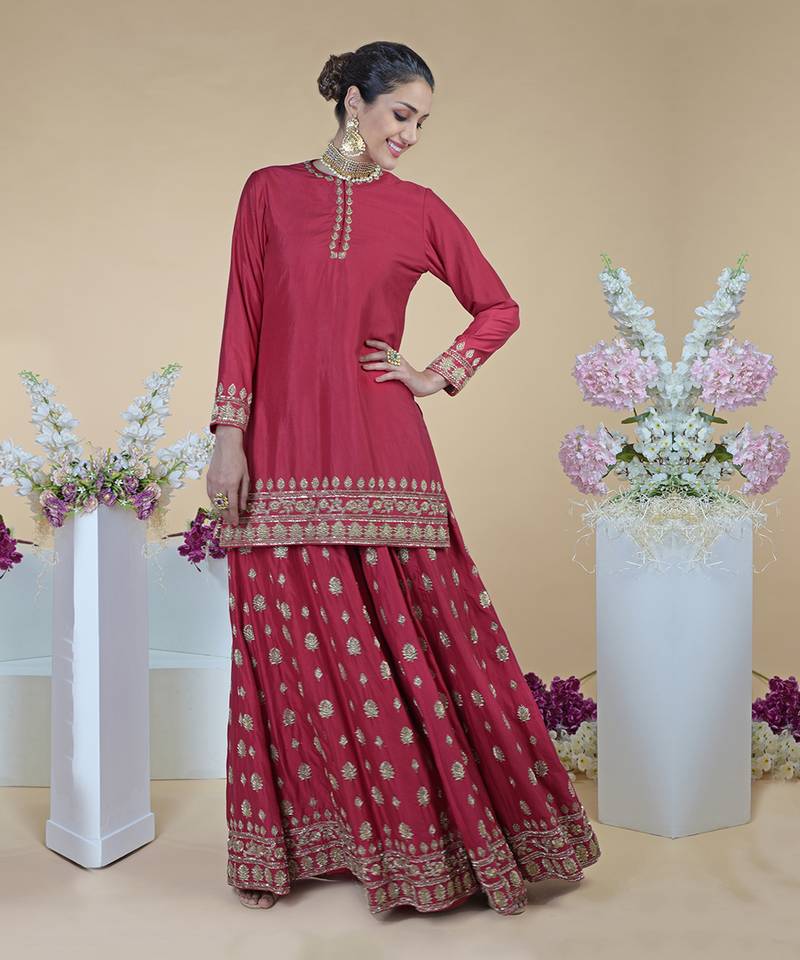 Crimson-Gold Zardozi Dabka Hand Embroidered Sharara Set