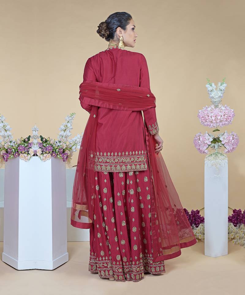 Crimson-Gold Zardozi Dabka Hand Embroidered Sharara Set
