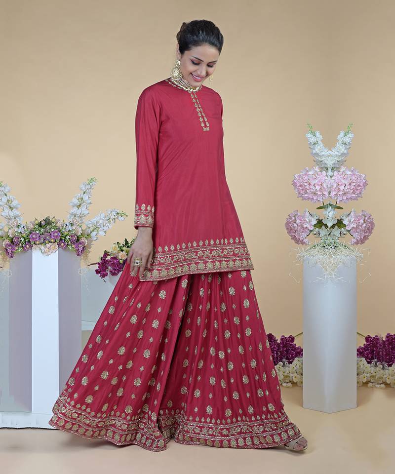 Crimson-Gold Zardozi Dabka Hand Embroidered Sharara Set