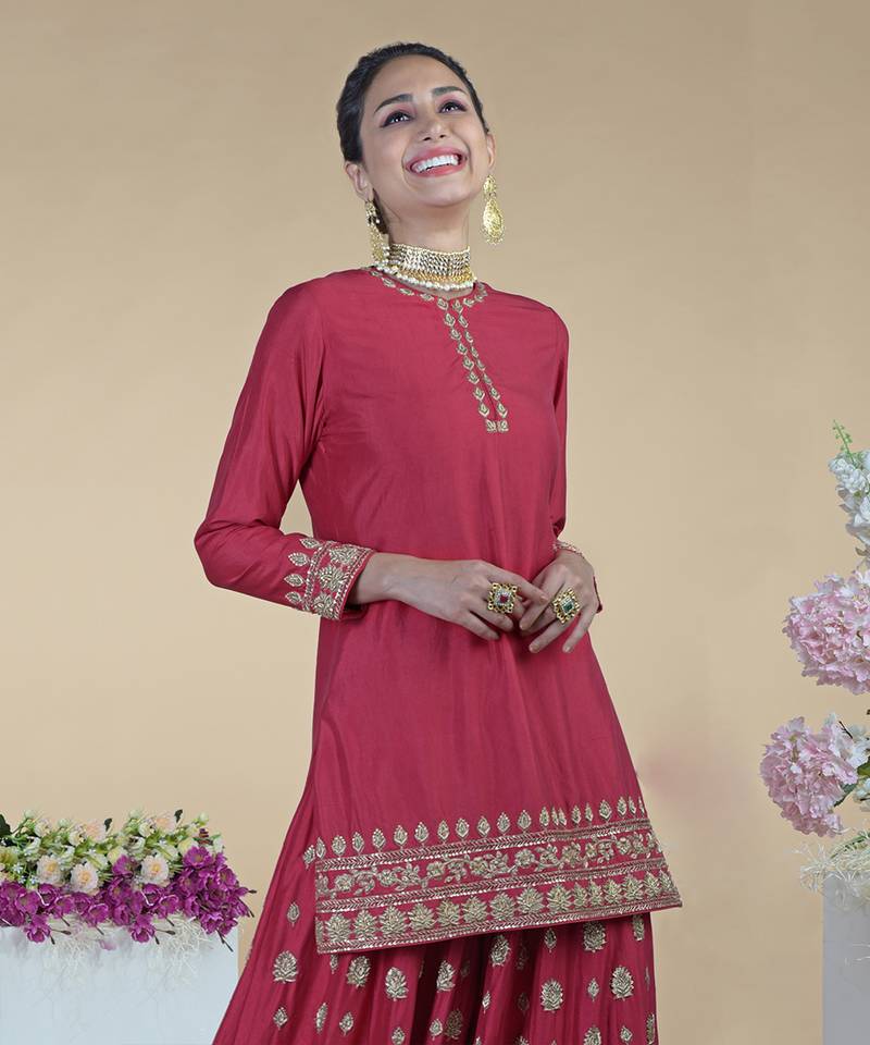 Crimson-Gold Zardozi Dabka Hand Embroidered Sharara Set