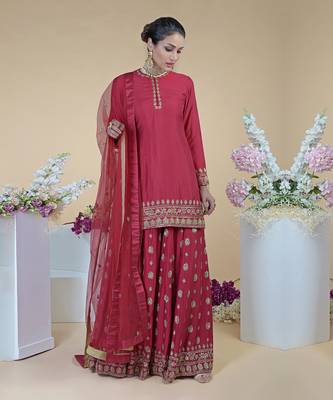 Crimson-Gold Zardozi Dabka Hand Embroidered Sharara Set 10
