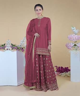 Chianti Wine Zardozi Dabka Hand Embroidered Sharara Set 1