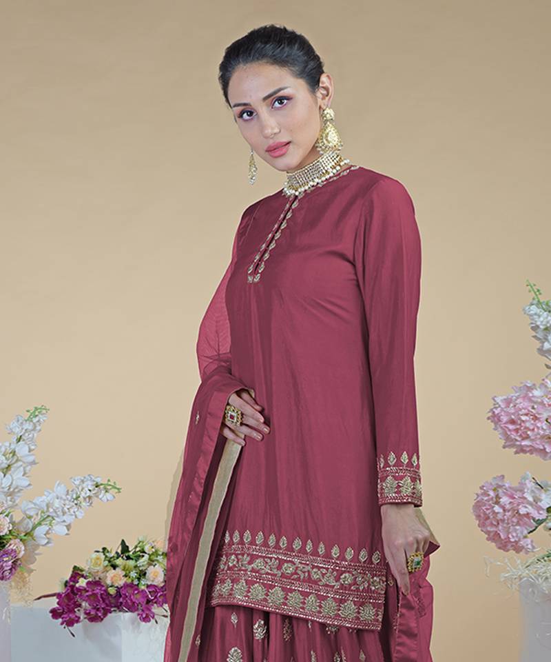 Chianti Wine Zardozi Dabka Hand Embroidered Sharara Set