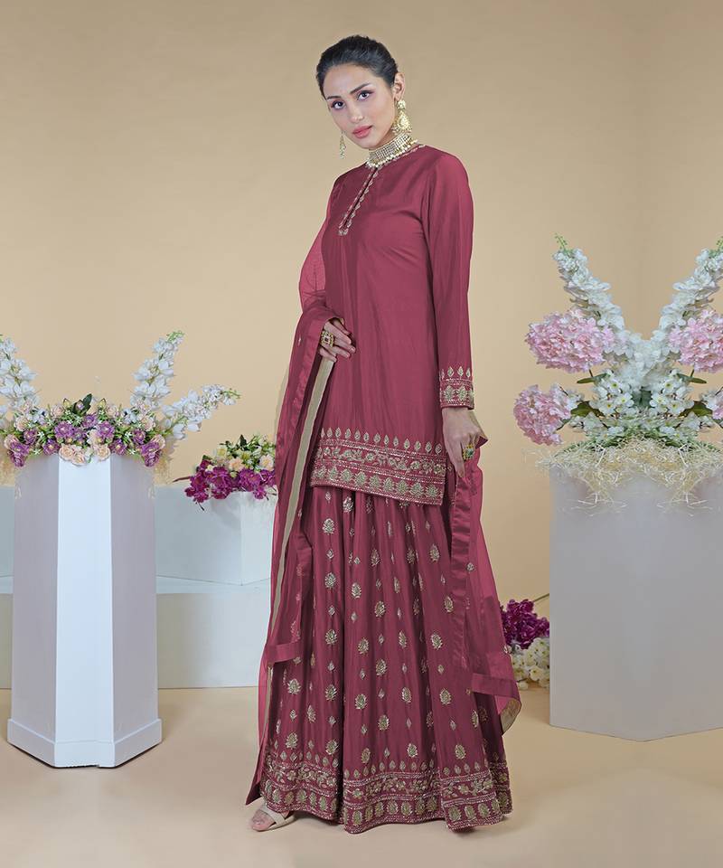 Chianti Wine Zardozi Dabka Hand Embroidered Sharara Set