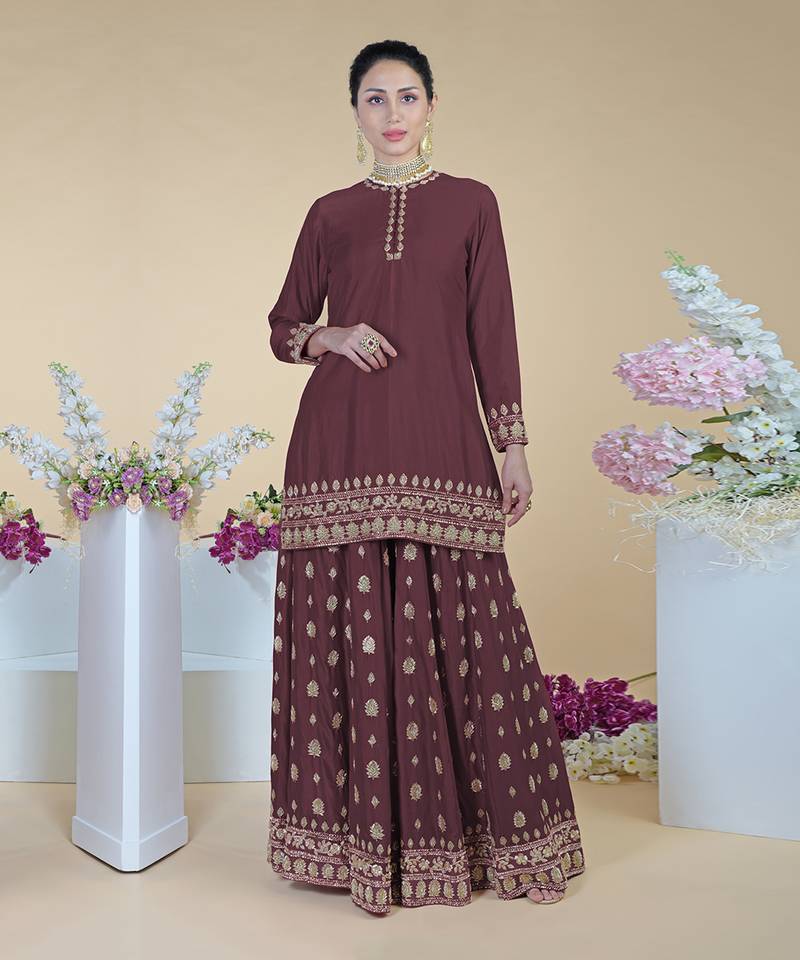 Umber Brown Zardozi Dabka Hand Embroidered Sharara Set