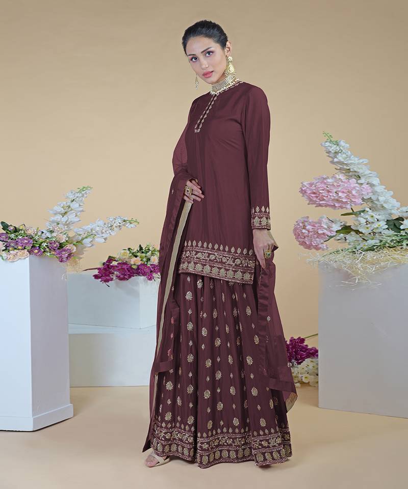 Umber Brown Zardozi Dabka Hand Embroidered Sharara Set