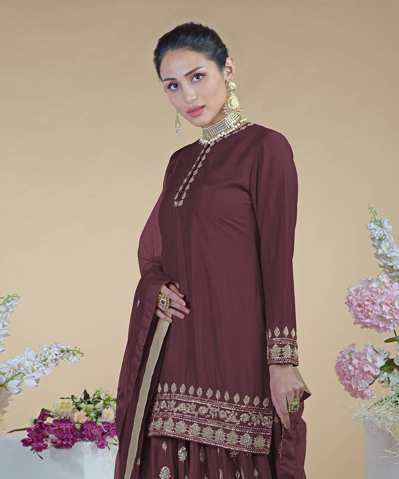 Umber Brown Zardozi Dabka Hand Embroidered Sharara Set