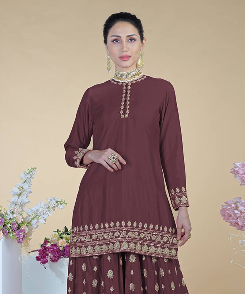 Umber Brown Zardozi Dabka Hand Embroidered Sharara Set