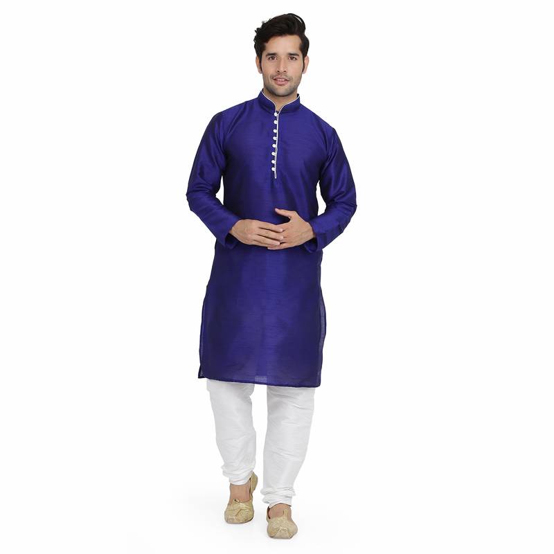 Royal Kurt Mens Cotton Silk Kurta Pyjama Set Blue