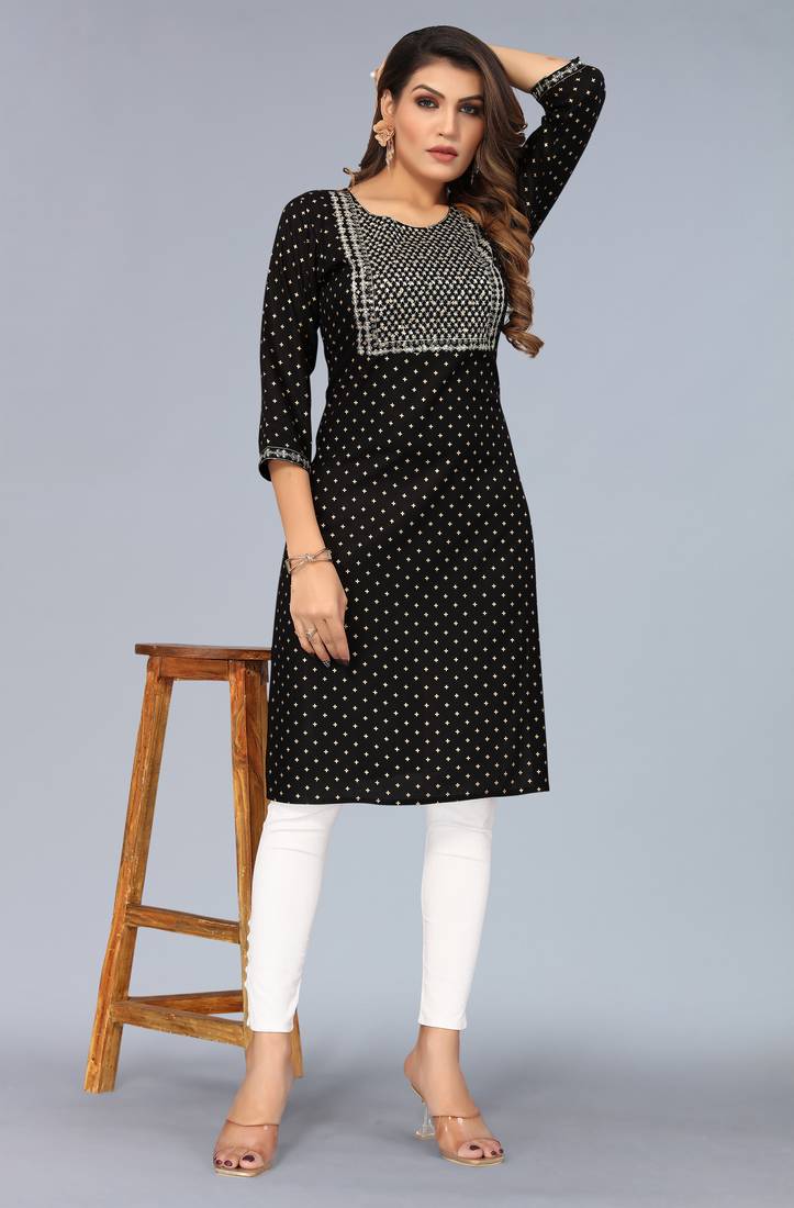 Mohvogue Black Foil Printed Embroidered Rayon Kurta.