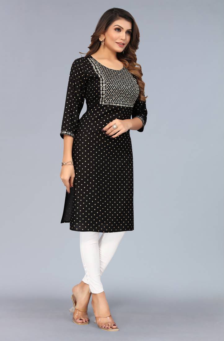Mohvogue Black Foil Printed Embroidered Rayon Kurta.