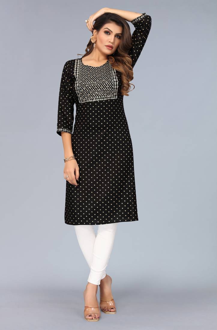 Mohvogue Black Foil Printed Embroidered Rayon Kurta.