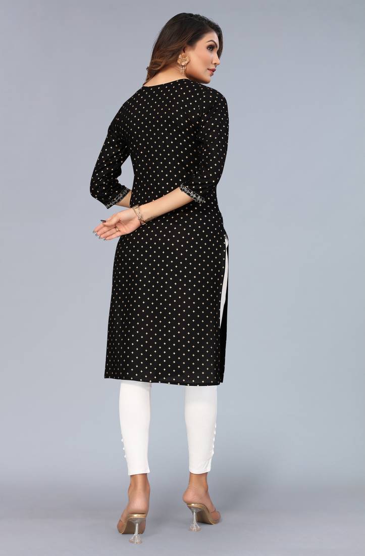 Mohvogue Black Foil Printed Embroidered Rayon Kurta.