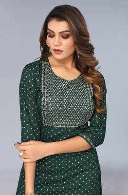 Mohvogue Dark Green Foil Printed Embroidered Rayon Kurta. 2