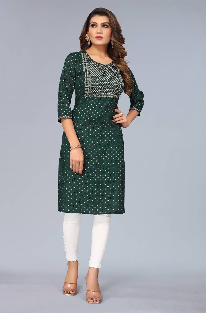 Mohvogue Dark Green Foil Printed Embroidered Rayon Kurta.