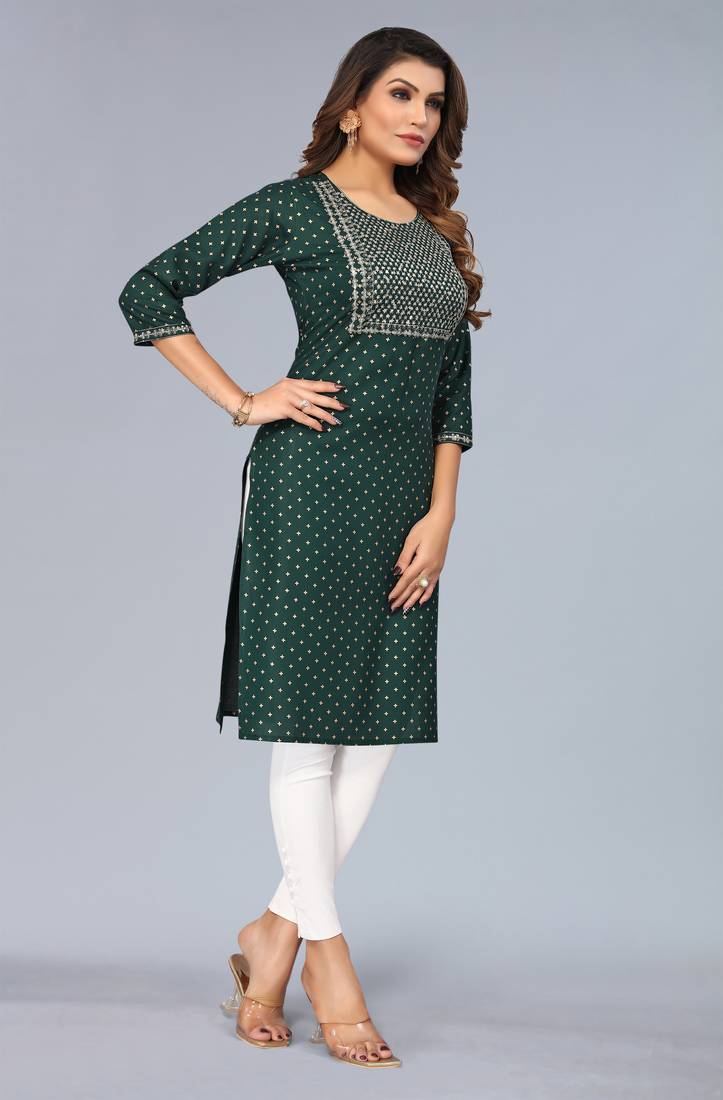 Mohvogue Dark Green Foil Printed Embroidered Rayon Kurta.