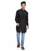 Royal Kurta Men's Silk Blend Long Pathani Shirt Collar Kurta Black
