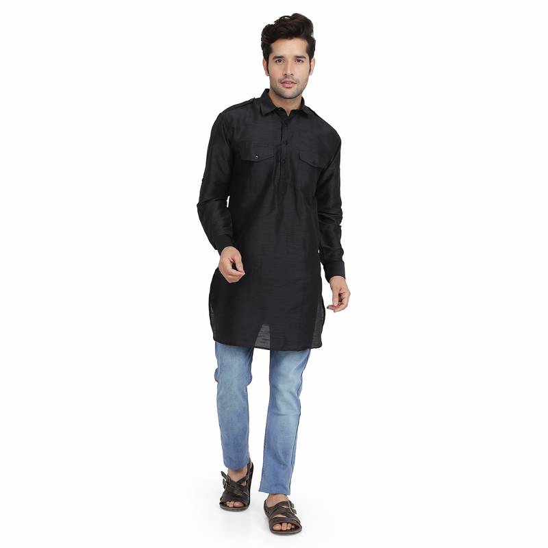Royal Kurta Men's Silk Blend Long Pathani Shirt Collar Kurta Black