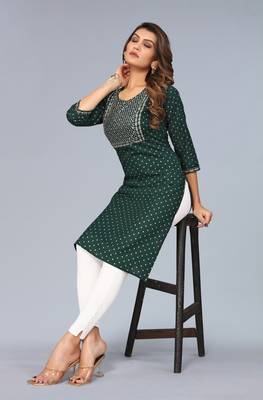 Mohvogue Dark Green Foil Printed Embroidered Rayon Kurta. 1