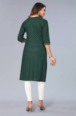 Mohvogue Dark Green Foil Printed Embroidered Rayon Kurta. 5