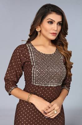 Mohvogue Brown Foil Printed Embroidered Rayon Kurta. 2