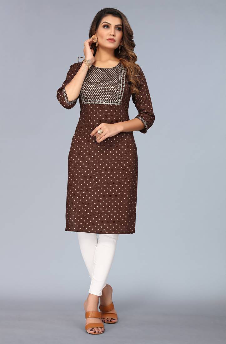 Mohvogue Brown Foil Printed Embroidered Rayon Kurta.