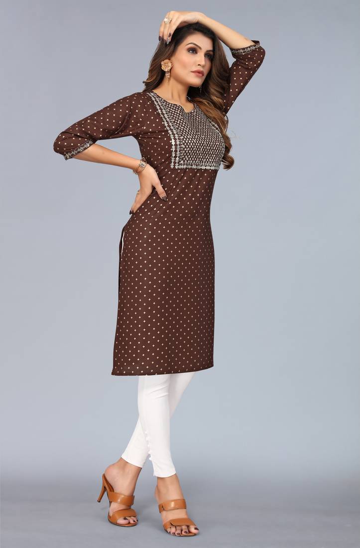 Mohvogue Brown Foil Printed Embroidered Rayon Kurta.