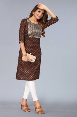 Mohvogue Brown Foil Printed Embroidered Rayon Kurta. 1