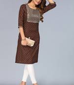 Mohvogue Brown Foil Printed Embroidered Rayon Kurta.