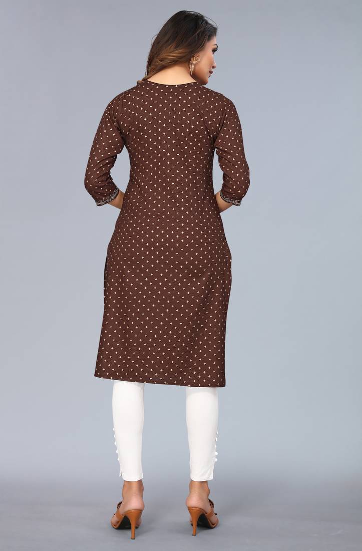 Mohvogue Brown Foil Printed Embroidered Rayon Kurta.