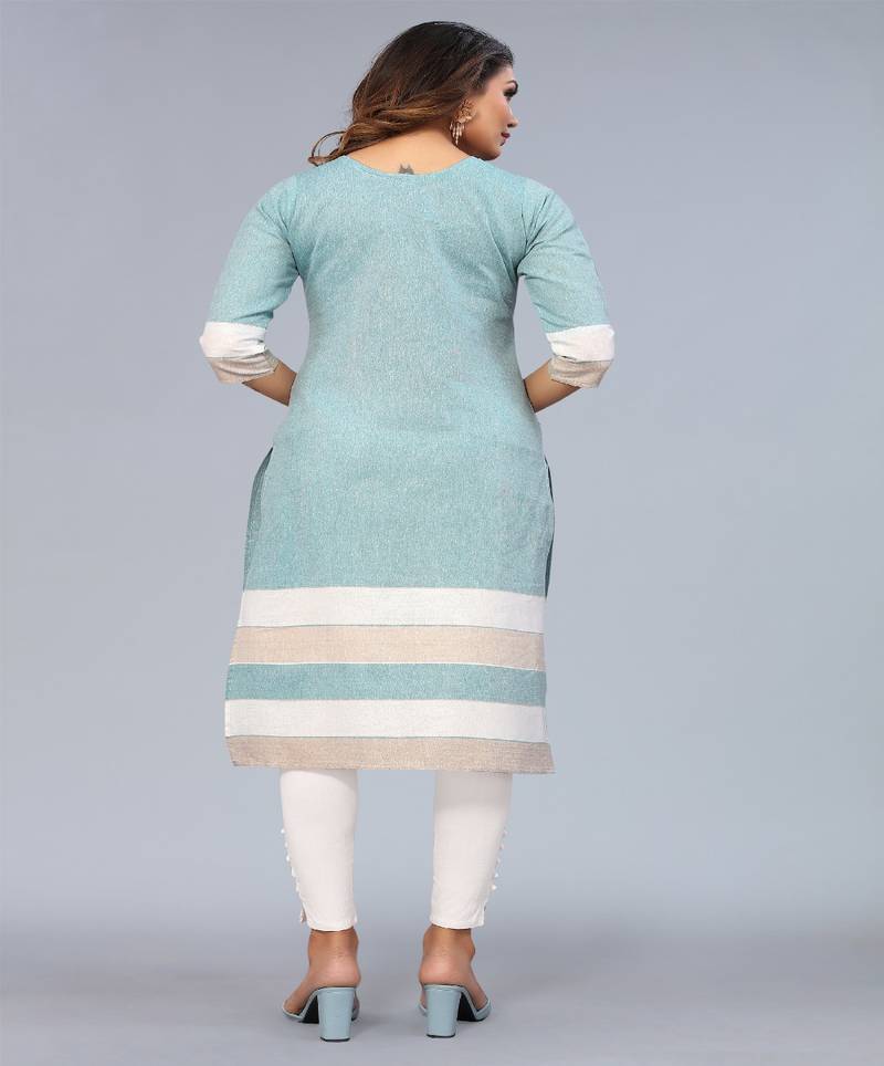 Mohvogue Aqua Blue Floral Embroidered Khadi Cotton Kurta.