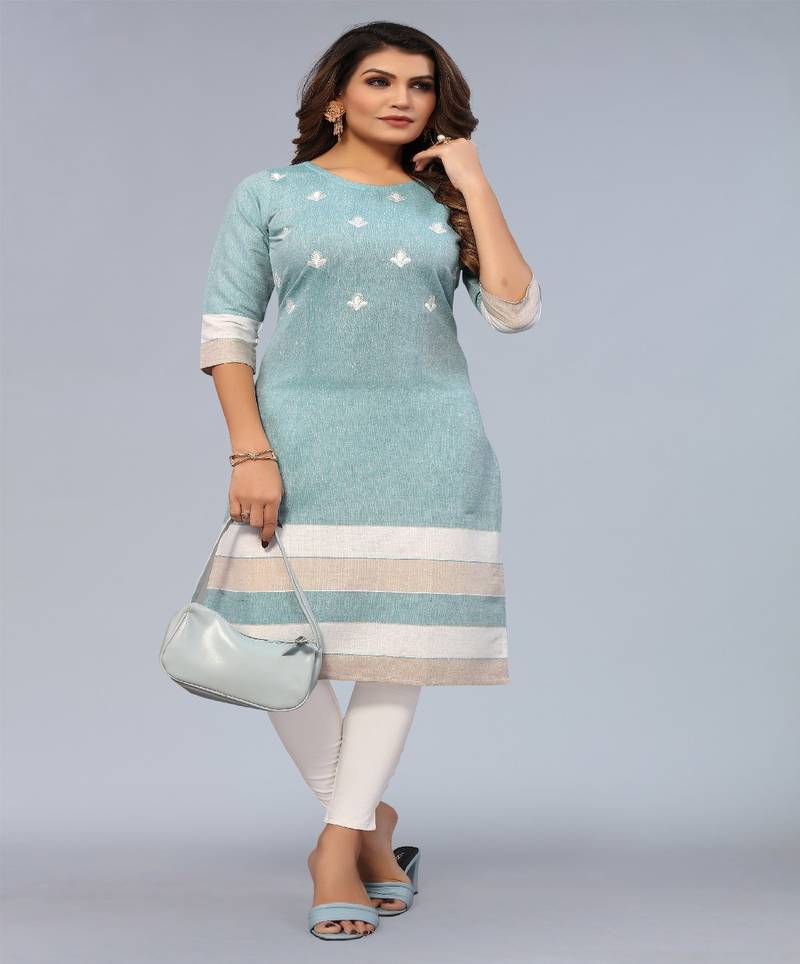 Mohvogue Aqua Blue Floral Embroidered Khadi Cotton Kurta.