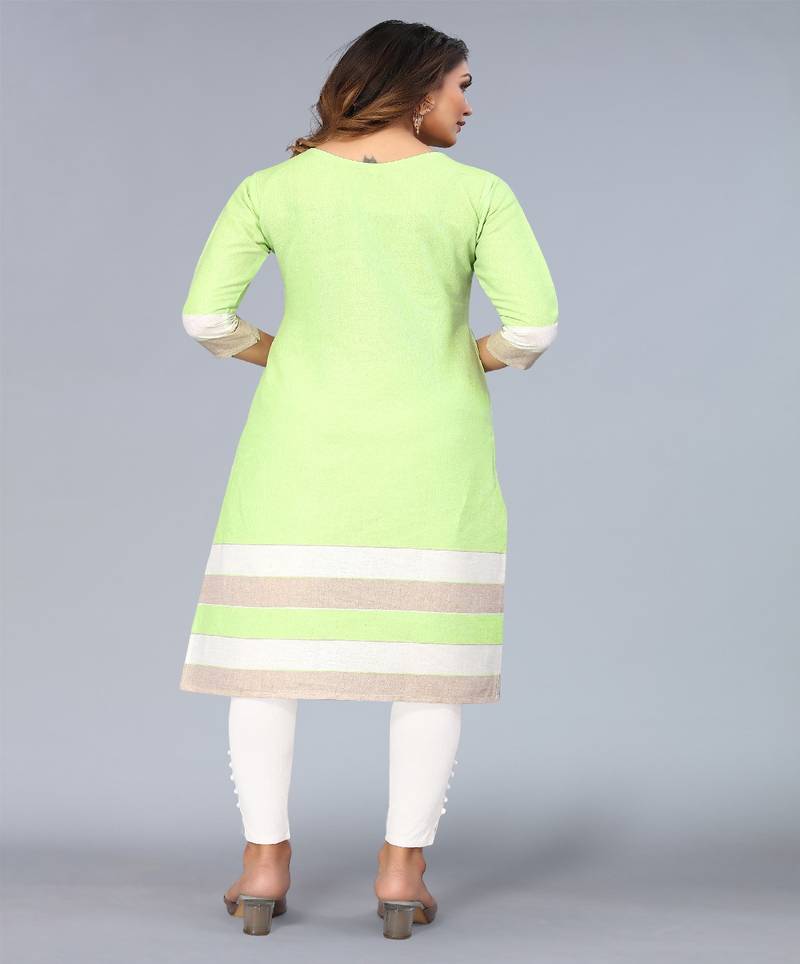 Mohvogue Lime Green Floral Embroidered Khadi Cotton Kurta.