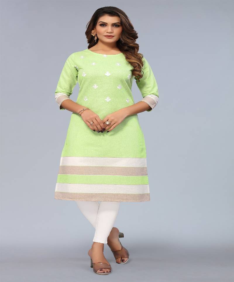 Mohvogue Lime Green Floral Embroidered Khadi Cotton Kurta.