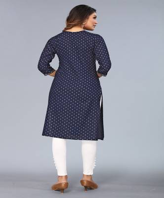 Mohvogue Navy Blue Foil Printed Embroidered Rayon Kurta. 3